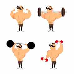 强大的肌肉发达的运动健美运动员集卡通字符