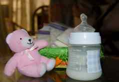 新鲜的expresed乳房牛奶婴儿瓶粉红色的泰迪熊冻乳房牛奶存储袋背景