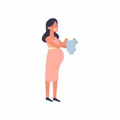 快乐怀孕了女人选择蓝色的婴儿简易包装服装商店怀孕购物概念平插图