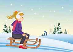 女孩雪橇冬天