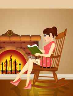 女人读取书前面壁炉