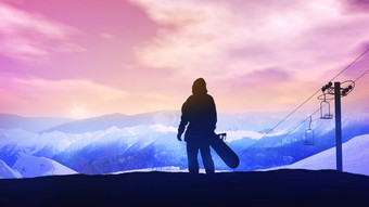<strong>滑雪</strong>背景明亮的日落山