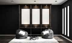 日本风格空房间设计现代黑色的白色以上室内