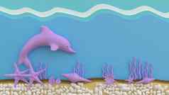 呈现插画家海豚游泳海珊瑚海星