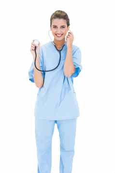 内容棕色（的）头发的护士蓝色的实习医生风云持有听诊器