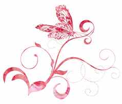 红色的粉红色的蝴蝶曲线水彩插图