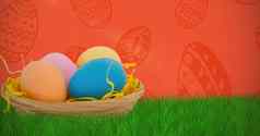 复合图像色彩斑斓的复活节鸡蛋柳条篮子