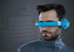男人。蓝色的虚拟现实耳机灰色手画办公室