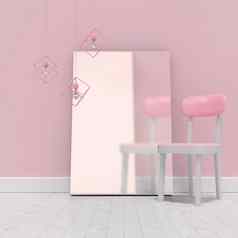 粉红色的椅子空白白板墙