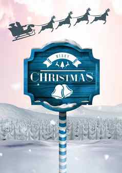 快乐圣诞节文本木路标圣诞节冬天景观圣诞老人的雪橇瑞迪