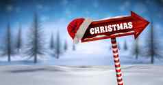 圣诞节文本木路标圣诞节冬天景观圣诞老人他