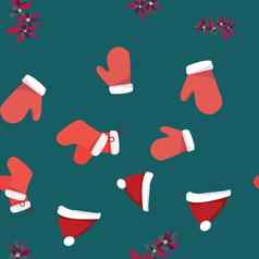 集合红色的圣诞老人手套圣诞节他一品红无缝的模式