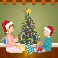 孩子们打开礼物圣诞节树