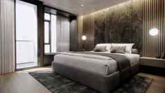 室内现代奢侈品卧室双床上大理石墙呈现