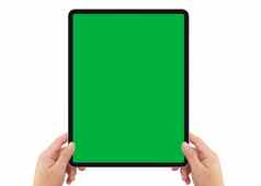 孤立的人类左手持有黑色的平板电脑绿色屏幕