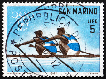 邮资邮票三马里诺双划船奥运游戏