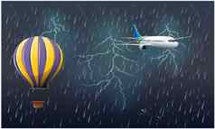 热空气气球飞机飞行雷雨背景