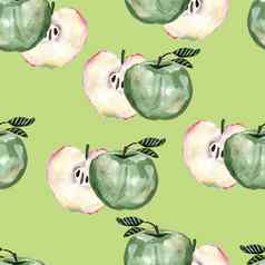 手画无缝的模式绿色苹果片苹果
