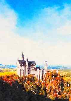 水彩画艺术打印城堡高山山