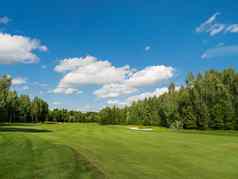 农村高尔夫球绿色把草场森林蓝色的天空Cloudscape阳光明媚的一天俄罗斯