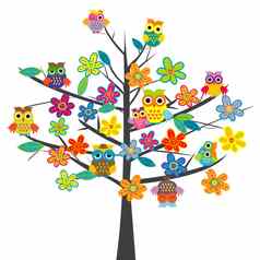 色彩斑斓的树花卡通猫头鹰