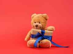 可爱的棕色（的）泰迪熊持有棕色（的）盒子蓝色的ribbo