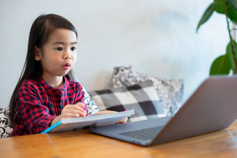 亚洲女孩女儿笔记本电脑技术在线学习学校假期看漫画首页教育概念活动家庭