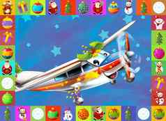 快乐圣诞节场景框架圣诞节飞机车辆插图孩子们