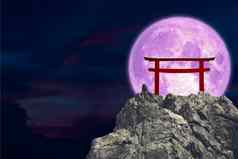紫色的月亮回来鸟居石头岩石悬崖