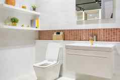 现代宽敞的浴室明亮的瓷砖厕所。。。水槽一边视图