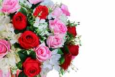 红色的粉红色的玫瑰花束花装修婚礼织物