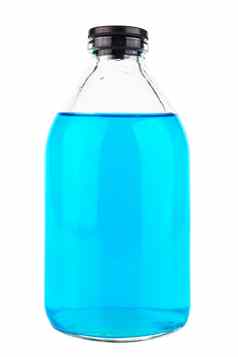 关闭风格玻璃医疗化学瓶蓝色的透明的液体孤立的白色背景