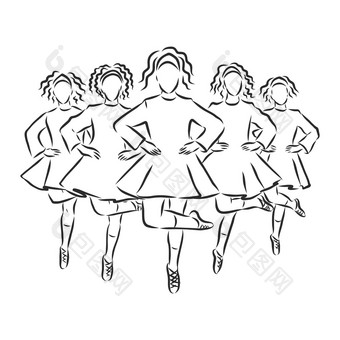 爱尔兰跳舞剧团跳传统的礼服吉利斯爱尔兰跳舞向量草图插图