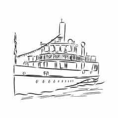 船汽船轮船涂鸦风格草图插图手画向量轮船向量草图插图