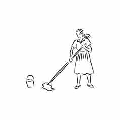 向量艺术画年轻的女人清洁房间白色背景清洁夫人向量草图插图