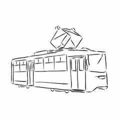 集古董有轨电车复古的运输次向量手画草图有轨电车向量草图插图