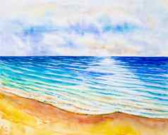 水彩海景原始绘画色彩斑斓的海视图