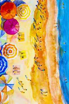 绘画水彩海景色彩斑斓的情人家庭夏天