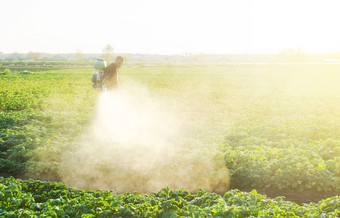农民喷雾云农药太阳的射线土豆种植园保护昆虫植物真菌感染农业农业综合企业农业行业