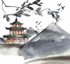 水彩画中国人景观