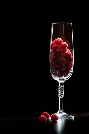 高优雅的清洁闪亮的杯填满树莓黑色的背景雷光热带夏天水果前面视图