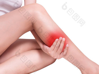 女人痛苦腿疼痛小腿疼痛红色的颜色突出小腿腿孤立的白色背景工作室拍摄健康<strong>护理</strong>医疗概念