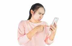 亚洲女人愤怒的愤怒的智能手机孤立的白色背景
