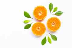 新鲜的橙色柑橘类水果叶子白色背景多汁的甜蜜的高维生素