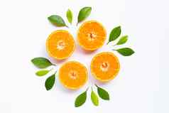 新鲜的橙色柑橘类水果叶子白色背景多汁的甜蜜的高维生素