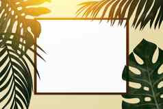 简单的有创意的自然框架使热带棕榈蕨类植物叶子光黄色的柔和的背景前视图