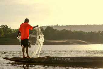 渔民生活美丽的日落湄公河河