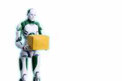 聪明的机器人技术持有盒子作品人类仓库白色背景