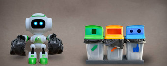 机器人持有垃圾袋技术回收环境灰色的背景