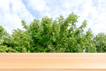 空木表格地板模糊树自然绿色天空背景木表格董事会<strong>空前</strong>面模糊树木板材空白的角度来看棕色（的）木表格模拟显示产品